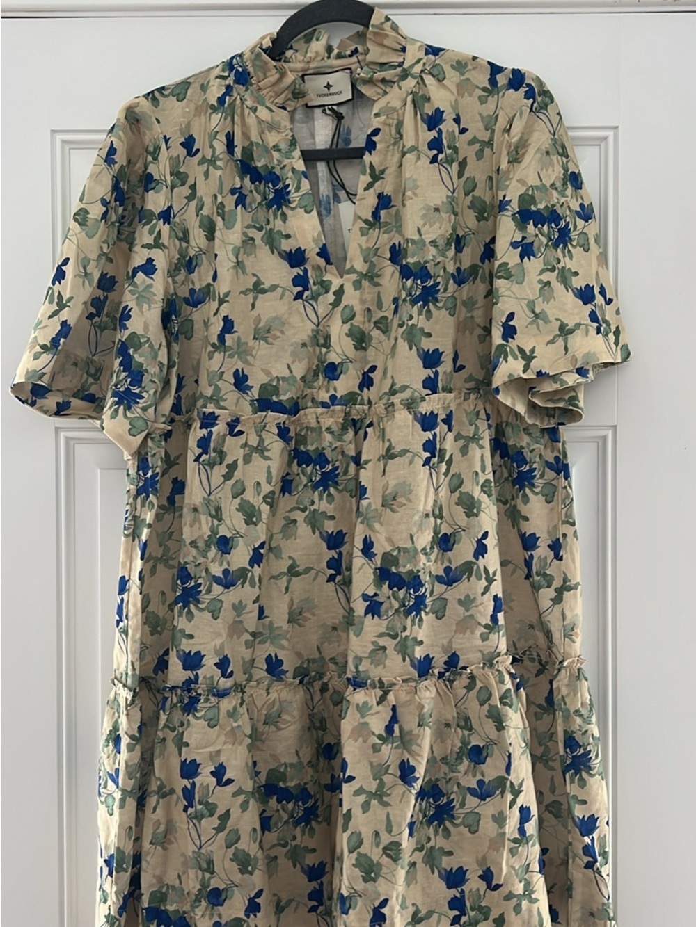 Tuckernuck Beige Floral Midi Dress with Blue & Green Print